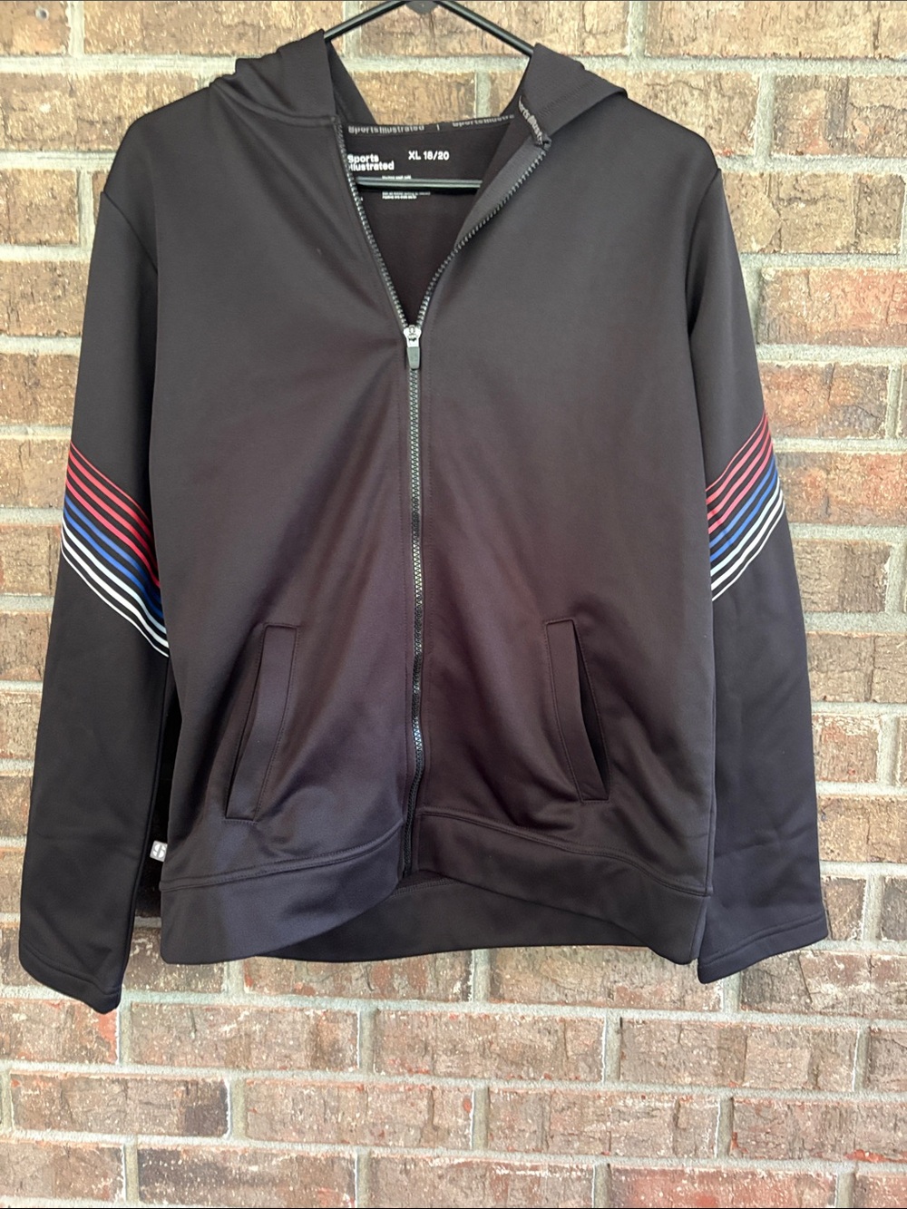 Boys Sports Illustrated Black Hooded Zip Jacket with Red and Blue Stripe Accents